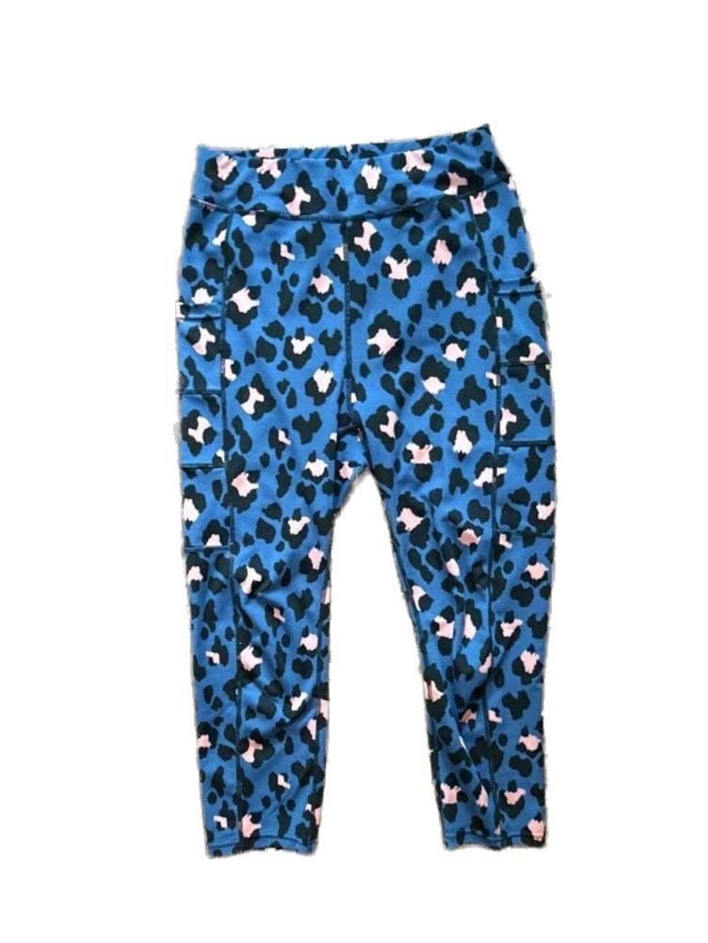 POP Fit Women's Blue and Pink Leopard Print Athletic Leggings with Pockets, M